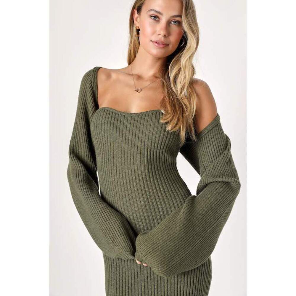 NWT Lulus Autumn Aura Olive Green Ribbed Two-piece Sweater Dress - Size L